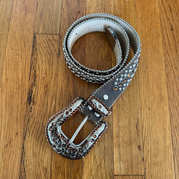 BB Simon Belt Womens Silver Brown Crystal Western Cowboy Rhinestone - Picture 3 of 7